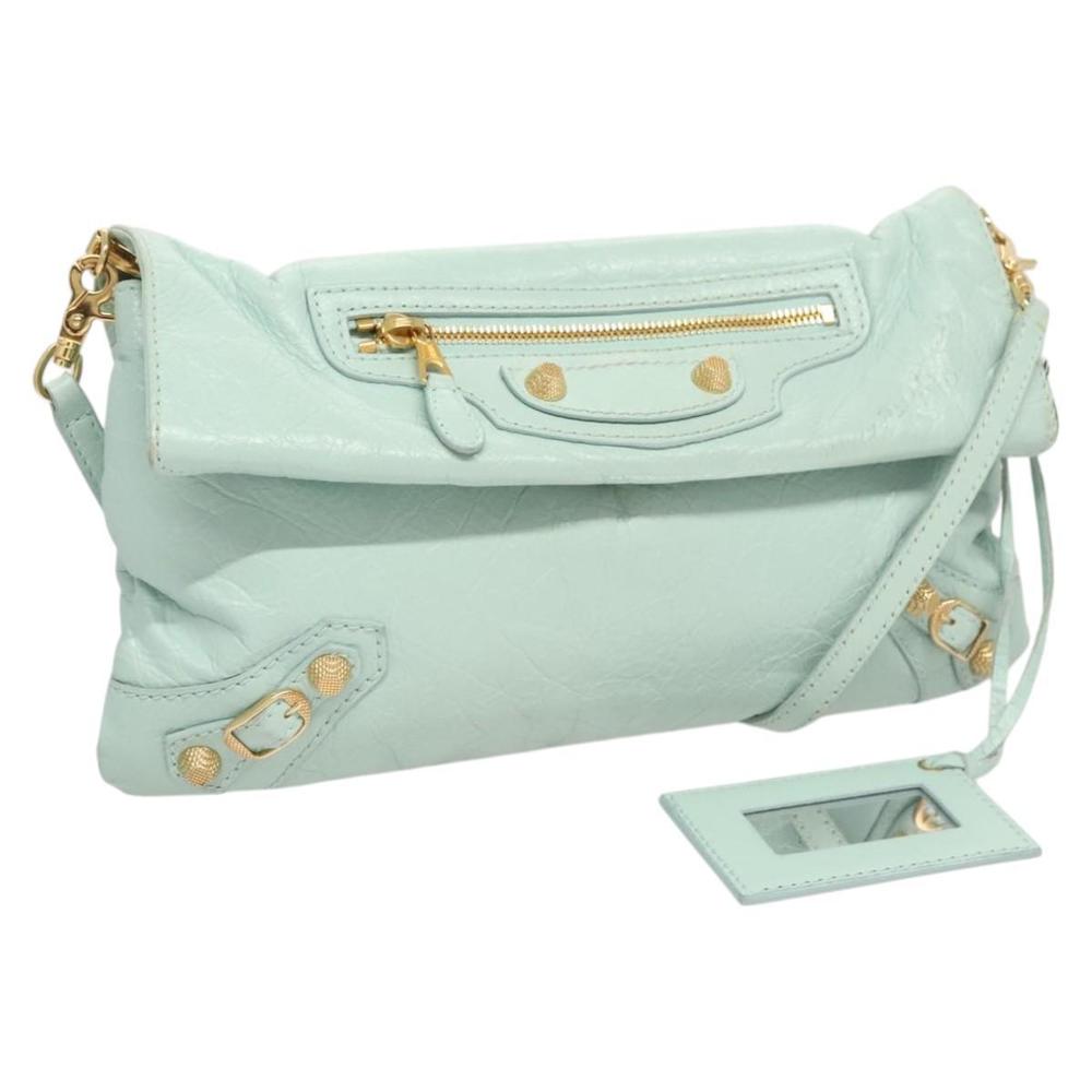 Balenciaga Mint Green Clutch Shoulder Bag with Gold Accents